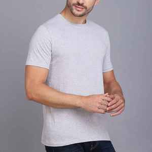 T-shirt en coton gris à col rond et manches courtes pour homme, coupe classique, couleur unie, tricot décontracté - Product Image 1