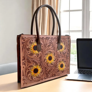 Sac fourre-tout en cuir fait main avec motif tournesol pour femme, sac à bandoulière floral western fait main - Product Image 2