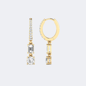1.40 CTW Vintage 14K Gold Plated Round & Emerald Cut Lab Grown Diamond Two-<b>Stone</b> Huggie Dangle Earrings IGI Certified - Product Image 4