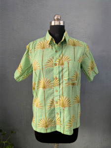 <b>Men's</b> Green Palm Print Short Sleeve Hawaiian <b>Shirt</b> Turn-down Collar Casual Summer Style 100% Cotton Breathable - Product Image 4