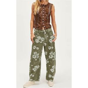 กางเกงยีนส์เดนิมพิมพ์ลายดอกไม้สีเขียวมะกอกสำหรับผู้หญิง ขายส่ง สไตล์วินเทจ ล้างสีแบบแอซิด ทรงหลวม ขากว้าง สตรีทแวร์ Y2K ผ้าฝ้าย - Product Image 2