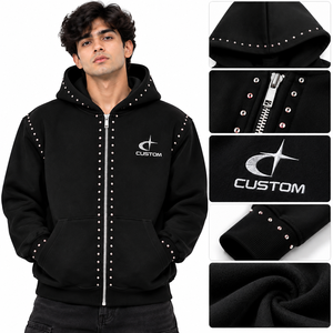 Rhinestone Embroidered Custom Zip up Hoodie Men 100% Cotton Boxy Oversized Studded <b>Y2K</b> <b>Streetwear</b> Hoodies OEM - Product Image 4