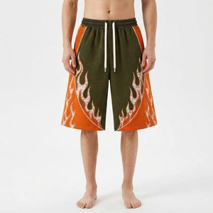 <b>Men's</b> Street Style Bermuda <b>Shorts</b> Digital Flame Print Elastic Waist Drawstring Olive <b>Orange</b> - Product Image 3