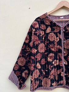 Veste kimono en velours de coton 100% faite à la main |   Automne/Hiver Respirant Écologique Séchage Rapide Anti-Plis Col Rond Matelassé - Product Image 4