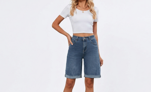 Shorts de Mezclilla Negros de Cintura Alta para Mujer, Corte Recto, Color Sólido, Estilo Casual de Verano, Ajuste Regular, Tela de Algodón - Product Image 3