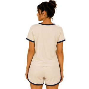 Ivory And Navy Women Two Piece Shorts Set Square Neck Button <b>Top</b> Custom Logo Print Casual Summer Cotton Lounge Wear Outfit OEM - Product Image 2