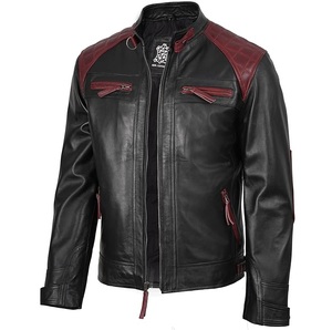 Men's Black Leather Moto <b>Jacket</b> With <b>Red</b> Accents Stand Collar Zipper Closure Regular Fit Autumn Wear - Product Image 1