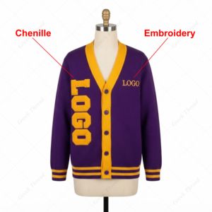 Custom Chenille Letterman College <b>Cardigan</b> V-Neck Knit Varsity Sweater with Chest Embroidery and Striped Ribbed Trim - Product Image 1