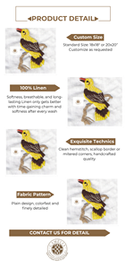 Serviette en lin avec oiseau jaune, les surpiqûres vives rehaussent le décor festif. - Product Image 2