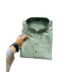 FASHIONABLE PARBON SILK <b>MATE</b> COPPER SEQUENCE <b>WORK</b> MENS KURTA WITH PAJAMA PISTA - Product Image 1