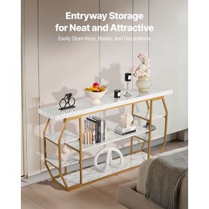 Mesa Consola Moderna de 3 Niveles con Superficie de Mármol, Almacenamiento Abierto, Tubos Geométricos de Hierro Dorado y Dispositivo Antivuelco - Product Image 4