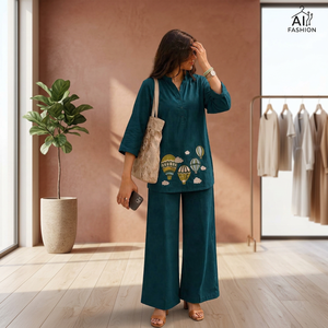 Ensemble Kurta en coton pour femme avec broderie montgolfière – Tenue décontractée printemps-été pour le quotidien - Product Image 3