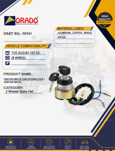 tvs suzuki <b>12v</b> <b>dc</b> 8 wires Ignition switch lock export quality for two wheeler spare parts india orado - Product Image 2