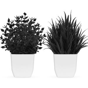 Petites plantes artificielles noires en pot, lot de 2, décoration d'Halloween pour table, bureau, maison ou bureau, décoration noire pour salle de bain - Product Image 1