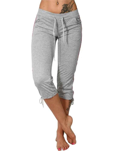 Pantalones capri de punto de color liso para mujer con cintura con cordón y rayas laterales, de tiro medio, informales, para verano - Product Image 2