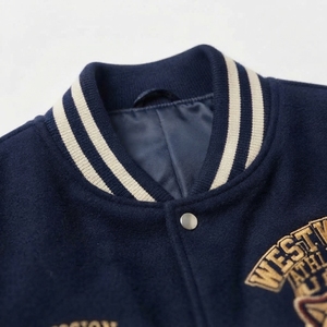 Chaqueta Varsity de Materiales Mixtos, Chaqueta Bomber Informal, Combinación Original de Tela de Lana, Poliéster/Algodón, Cuello Redondo, Botones a Presión, Letras - Product Image 3