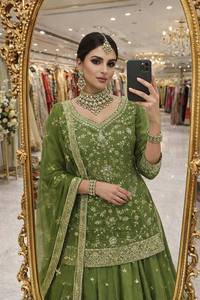 Luxury Olive Green Silk Pakistani <b>Kurta</b> Lehenga Set Dress <b>Women</b> Heavy Embroidered Party Wear Suit Designer Indian - Product Image 3