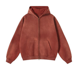 Sudadera con Capucha Oversize Vintage de Poliéster/Algodón con Cremallera y Bordado para Hombre/Mujer, Estilo Desgastado, Lavado, Casual, Color Liso, Primavera - Product Image 6