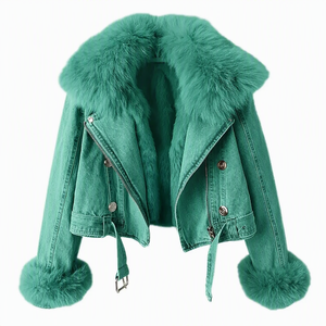 Veste en jean pour femme avec col et poignets en fausse fourrure bleue, longueur courte, manches longues, fermeture éclair, hiver - Product Image 4