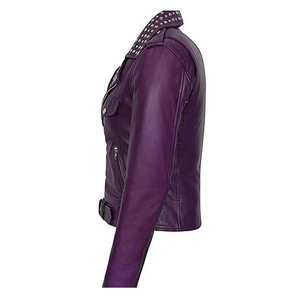 แจ็คเก็ตหนังผู้หญิงแบบครอปปี 2026 ระบายอากาศได้ดี แห้งเร็ว ดีไซน์ล่าสุด แจ็คเก็ตหนังแท้ประดับหมุดสั่งทำพิเศษ - Product Image 5