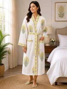 Bata de Baño Maxi Blanca de Verano con Bordado Floral, Transpirable, 100% Algodón Waffle, Cuello en V, con Cinturón, Ropa Casual para el Hogar - Product Image 1