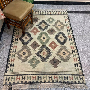 Handwoven Jute Kilim <b>Rug</b> | Geometric Pattern <b>Boho</b> Area <b>Rug</b> | Natural Fiber Rustic Floor Carpet - Product Image 2