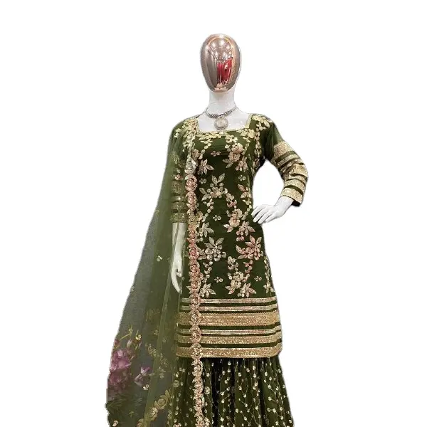 Schöne grün gefärbte islamische traditionelle Shalwar Anzug Sharara Kleid Made In India Kleid