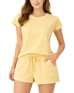 <b>Light</b> Yellow Women <b>Lounge</b> Set Short Sleeve T Shirt And Shorts Casual Summer Pajama Set Soft Breathable Cotton Blend Outfit - Product Image 1