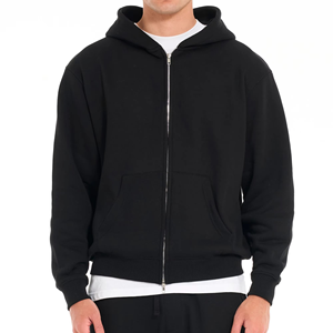 <b>Men's</b> Black Hooded Zip-Up Sweatshirt Full Sleeve Solid Color Casual Tracksuit Top with Side Pockets Regular Fit Midweight Cotton - Product Image 5