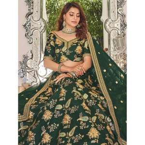 Impresionante ropa de boda bordada Lehenga Choli de seda de arte verde para el novio - Product Image 3
