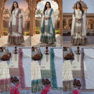 Salwar Kameez pour femmes, style ethnique indien, en georgette à double tonalité, avec rembourrage lourd, broderie lourde, travail de séquence, avec manches - Product Image 6