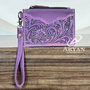 Cartera de mano de cuero genuino hecha a mano de primera calidad con cremallera, diseño floral morado, tarjetero, monedero estilo occidental - Product Image 1