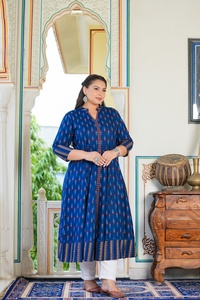 Kurta Anarkali de Rayón para Mujer, Talla Grande, Azul con Estampado Ikat, Cuello Mandarín, Mangas Tres Cuartos, Cómoda para Uso Diario - Product Image 6