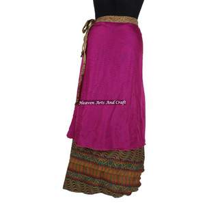 <b>Beach</b> Wear Silk Saree Wrap Long Skirt Women Wear Vintage Silk Sari Long Length Wrap Around Skirt 2 Layer Reversible <b>Magic</b> 38" - Product Image 1