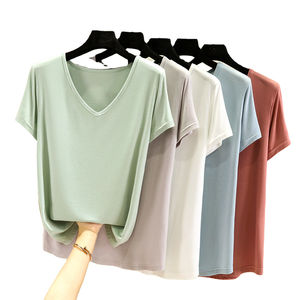 T-shirts en coton modal de bonne qualité, unis, en gros, col en V, manches courtes, tops d'été, mode coréenne, décontractés, pour femmes - Product Image 2