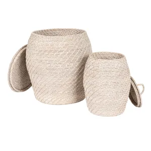 Vietnamese Whitewash Rattan Storage <b>Baskets</b> with Lids Decorative <b>Wicker</b> Organizer Set for Blankets <b>Laundry</b> Toys Home Storage - Product Image 2