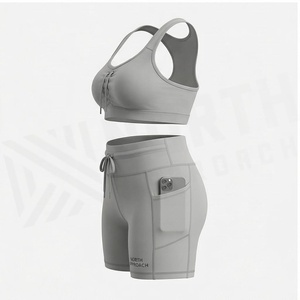 North Approach 2 Piece Yoga Set Racerback Crop <b>Top</b> High Waist Shorts With Pockets <b>Sweat</b> Wicking Breathable Sportswear - Product Image 3