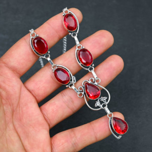 Collier de luxe personnalisé en argent sterling avec grenat rouge de laboratoire et perle de culture d'eau douce, certifié, idéal pour un cadeau de mariage - Product Image 1