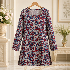 Kurti en coton premium à imprimé floral Sanganeri pour femmes, col carré, haut long, vêtements ethniques décontractés, fournisseur en gros, qualité export. - Product Image 5