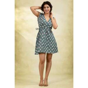 Vestido Mini sin Mangas con Estampado Floral Verde Azulado, Cuello en V, Corte en A, de Algodón, Ligero, Informal, para Mujer - Product Image 3