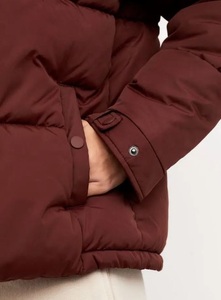 Burgundy Puffer <b>Jacket</b> Stand Collar Zipper Closure Casual Winter Windproof Thick Polyester Wadding Short Length Regular Fit - Product Image 3