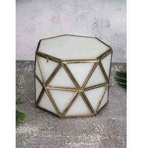 Geometric Metal Jewelry Organizer Box With Hinged Lid Storage Case Gold <b>Frame</b> <b>White</b> Panels Modern Design - Product Image 1