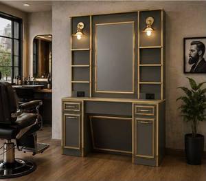 DECORS ALL - Estación de Estilismo Moderna e Industrial para Salón, en Madera Gris Oscuro con Espejo con Detalles Dorados y Múltiples Espacios de Almacenamiento para Barbería - Product Image 2