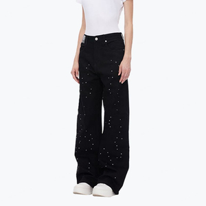 Pantalones Vaqueros Negros Personalizados para Mujer, Estilo Fiesta, Decorados con Pedrería, Lavado Vintage, Corte Holgado y Recto, de Algodón - Product Image 2