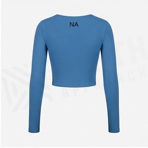 <b>Blue</b> Long Sleeve <b>Crop</b> <b>Top</b> Scoop Neck Cut-Out Design Solid Color Breathable Yoga Wear Women's Activewear - Product Image 2