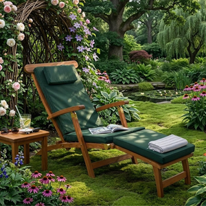 Chaise longue pliante en teck Serene Silhouette, avec coussin moelleux, pour extérieur - Product Image 2