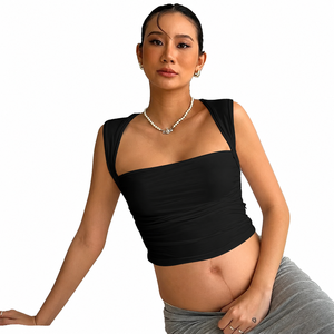 Women's Asymmetric Ruched Criss <b>Cross</b> Neck Crop <b>Top</b> Sleeveless Knitted Solid Color Slim Fit Spandex Polyester Tank <b>Top</b> - Product Image 1