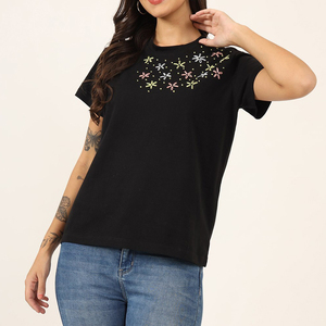 Camiseta de Algodón Negra para Mujer, Cuello Redondo, Manga Corta, Bordado Floral, Corte Holgado, Informal, Primavera Verano - Product Image 5
