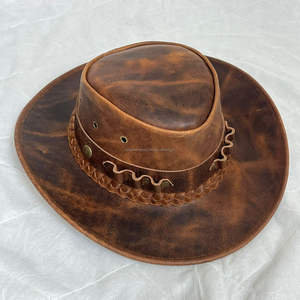 Nuevo Sombrero Vaquero Rústico de Cuero Genuino Marrón Desgastado con Banda Trenzada y Estilo Occidental para Aventuras al Aire Libre - Product Image 6