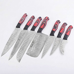 Ensemble de couteaux de cuisine en acier Damas, 7 pièces, couteaux de chef, manche en bois rouge, avec sac en cuir, vente en gros, fabricant OEM B2B - Product Image 1